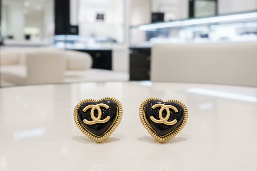 481 - Upcycled Gold Black Heart Earrings