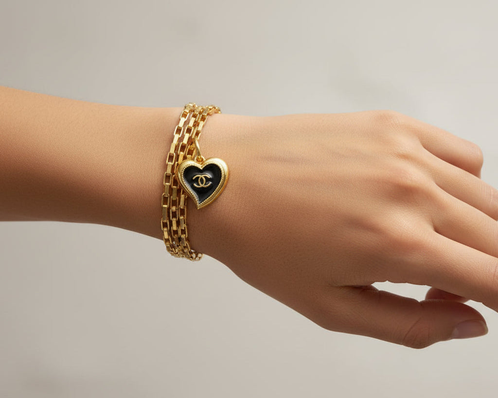 87 - Upcycled Gold Black Heart Pendant Bracelet