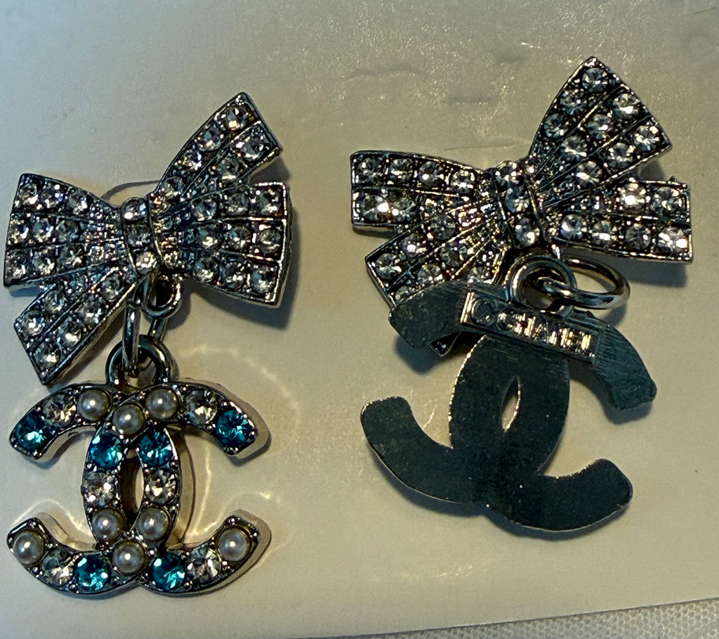 455 - Upcycled Silver Bow Charm Earrings with Clear and Blue Rhinestones