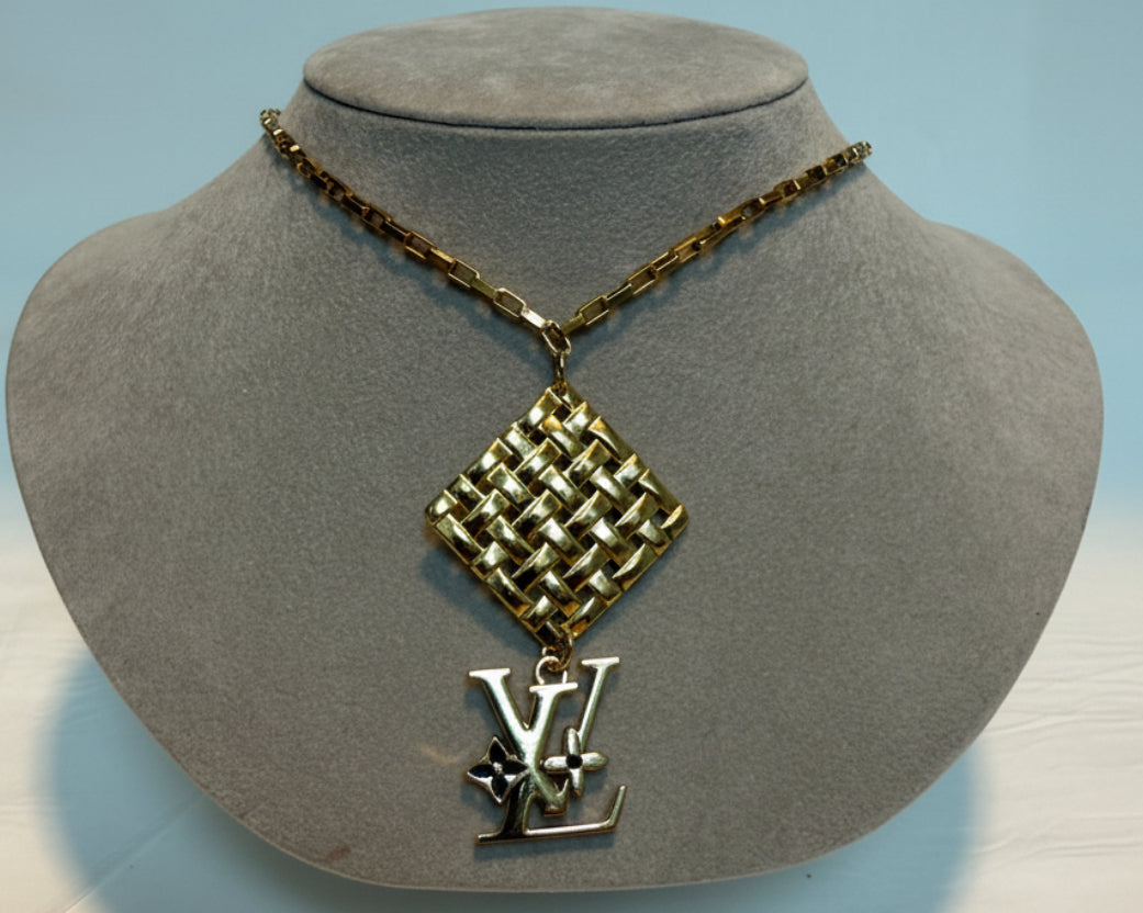 261 - Upcycled Gold Diamond Shaped Pendant with Black Star Necklace