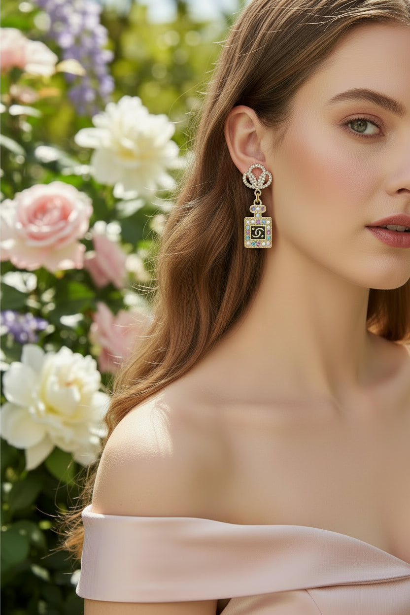 450 - Upcycled Gold Perfume Bottle Pendant Earrings with Multicolored Rhinestones