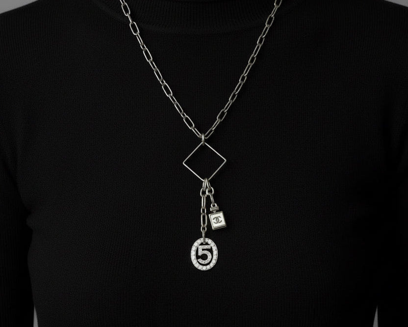 251- Silver Perfume Bottle and #5 Charm Necklace