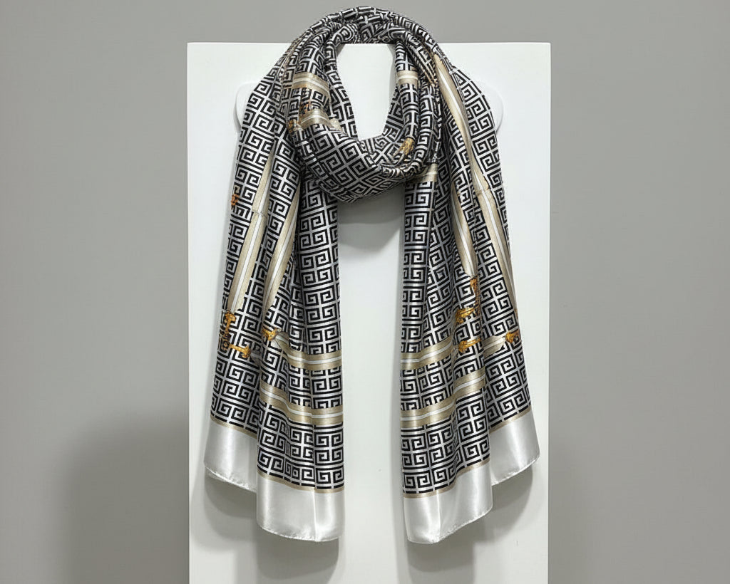 1121- Black Geometric Silky Scarf