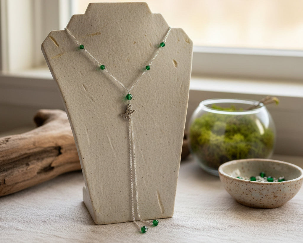117- Upcycled Silver Pendant Lariat Necklace with Green Rhinestones