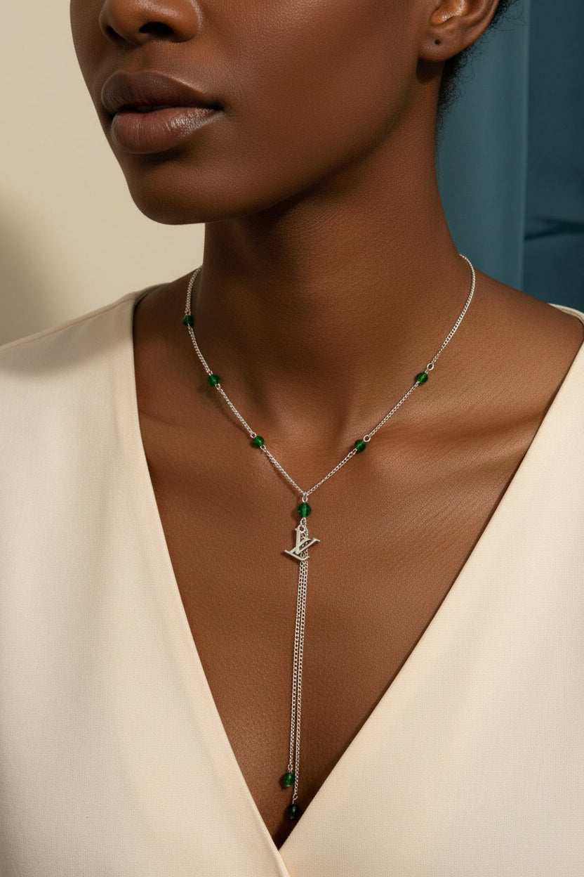 117- Upcycled Silver Pendant Lariat Necklace with Green Rhinestones