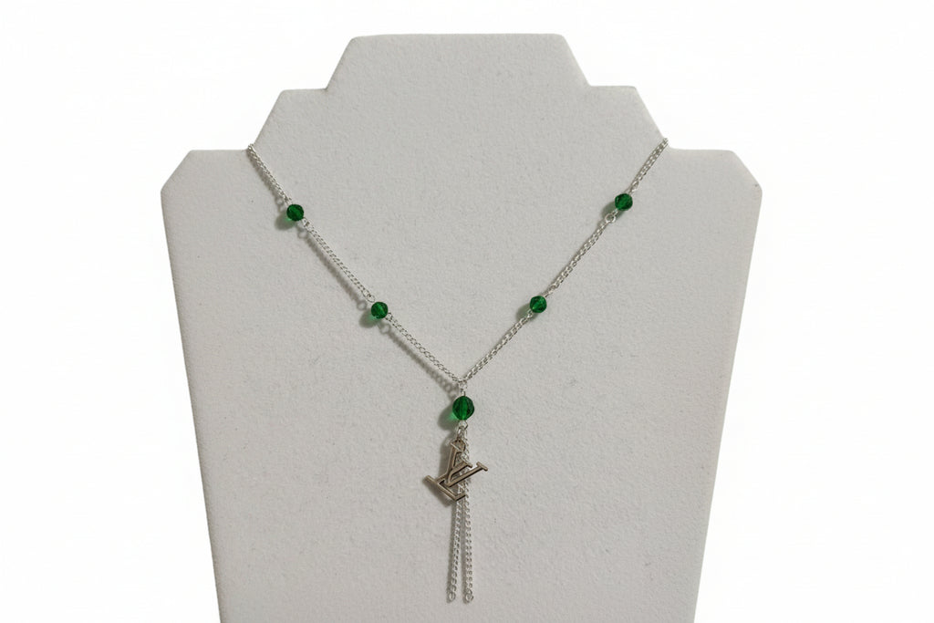 117- Upcycled Silver Pendant Lariat Necklace with Green Rhinestones