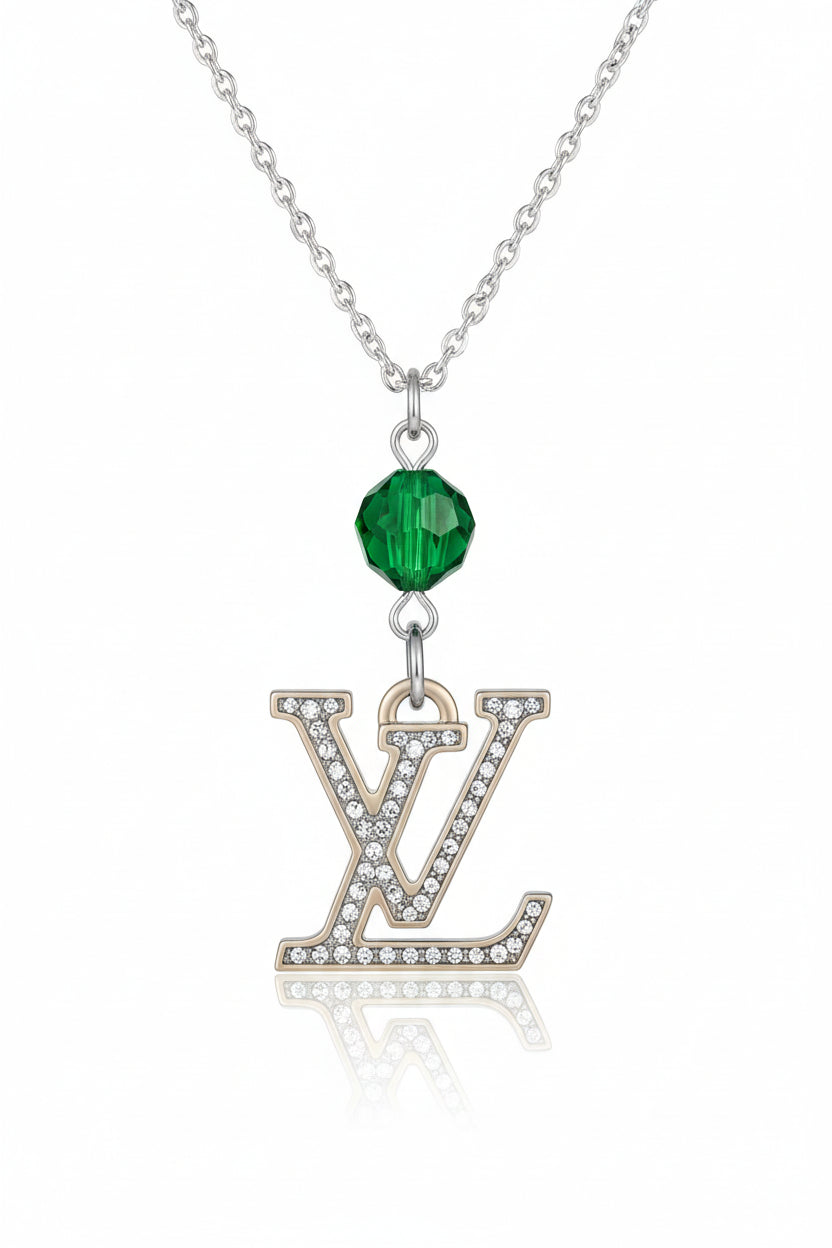 117- Upcycled Silver Pendant Lariat Necklace with Green Rhinestones