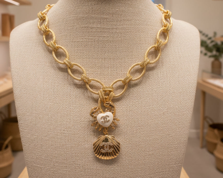 118-1 Upcycled Crab and Shell Pendant Necklace