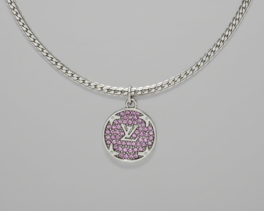 265 - Upcycled Silver Purple Rhinestone Circle Pendant Necklace