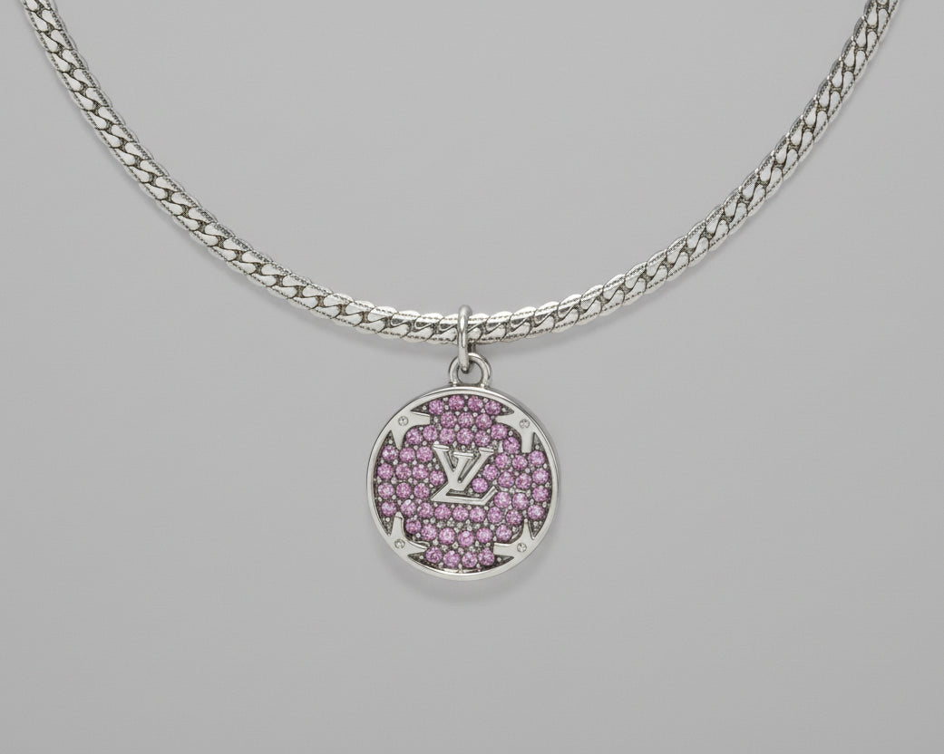 265 - Upcycled Silver Purple Rhinestone Circle Pendant Necklace