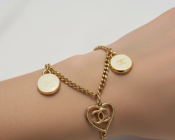 81 - Upcycled Gold White Pendant Bracelet with Heart Charm
