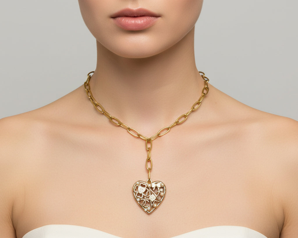 253 - Upcycled Gold Heart with Pearls and White Accent Necklace