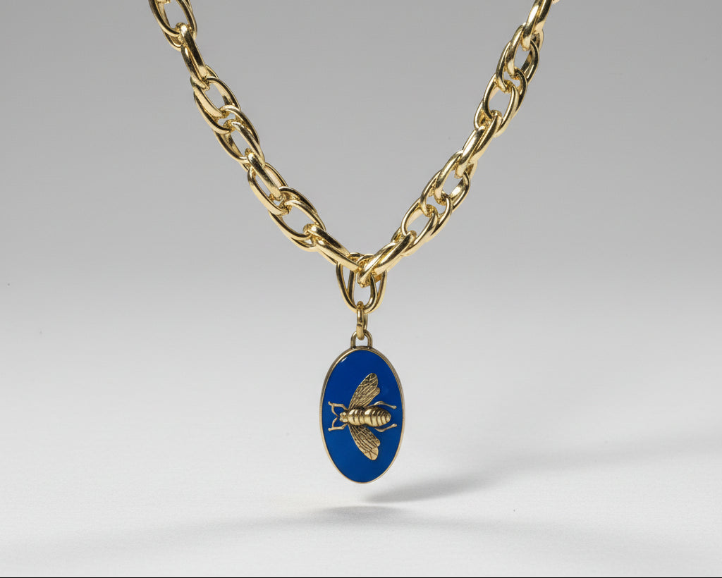 137- Upcycled Blue Bee Pendant Necklace