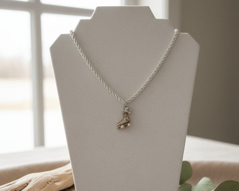 138 - Upcycled White Clover Pendant Necklace with Roller Skate Pendant on Silver Chain
