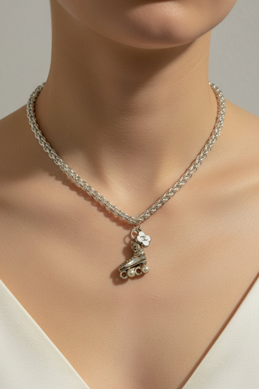 138 - Upcycled White Clover Pendant Necklace with Roller Skate Pendant on Silver Chain
