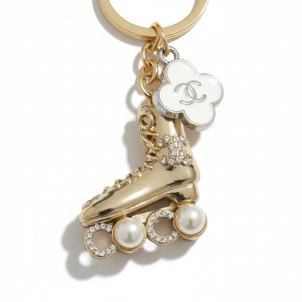 138 - Upcycled White Clover Pendant Necklace with Roller Skate Pendant on Silver Chain
