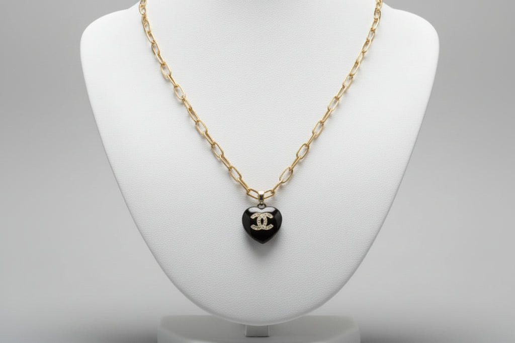 139- Upcycled Black Heart Pendant Necklace