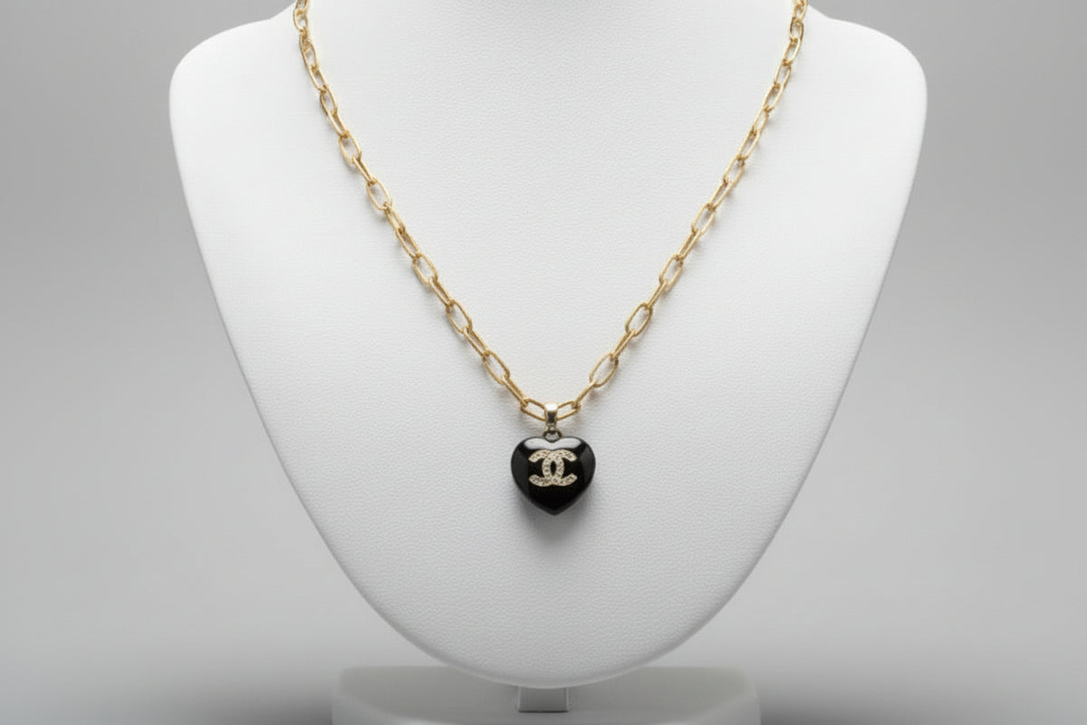 139- Upcycled Black Heart Pendant Necklace