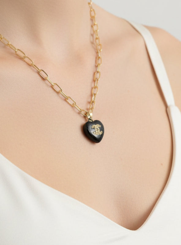 139- Upcycled Black Heart Pendant Necklace