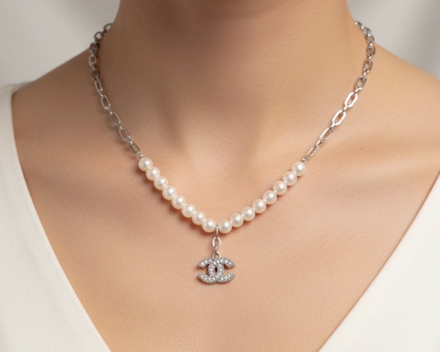 145- Upcycled Silver Pendant with Pearls on a Pearl and Silver Necklace