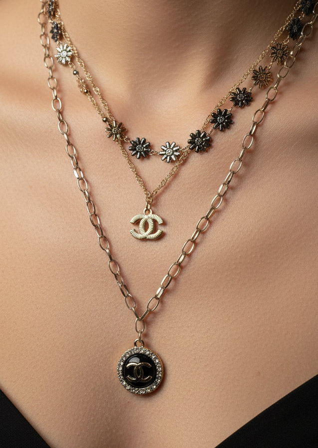 146- Upcycled Black Pendant Triple Chain Necklace