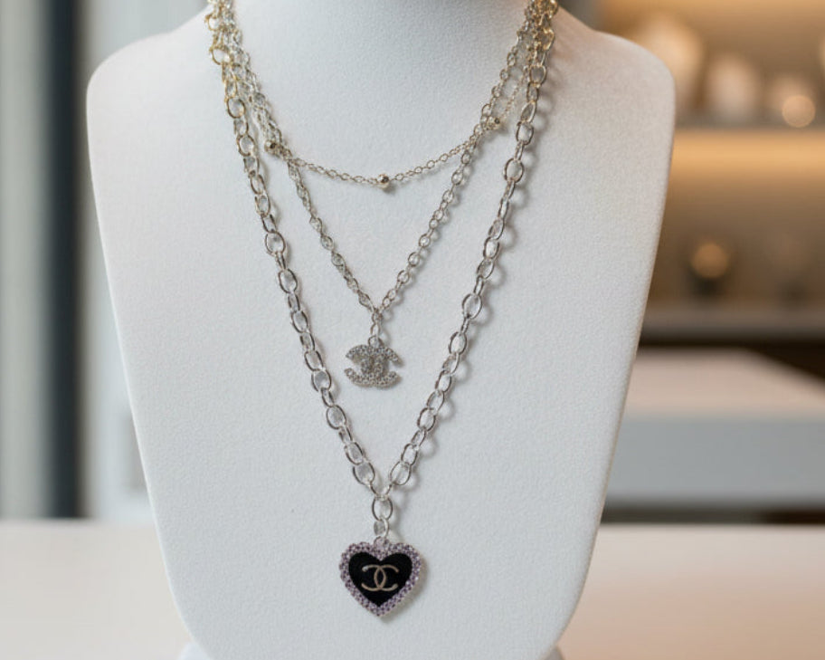 147- Upcycled Purple Heart Pendant on Gold Colored Triple Chain Necklace