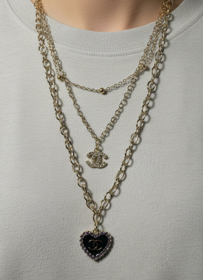 147- Upcycled Purple Heart Pendant on Gold Colored Triple Chain Necklace
