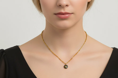 151- Upcycled Gold and Black Round Pendant Necklace