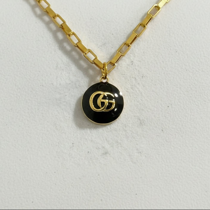 151- Upcycled Gold and Black Round Pendant Necklace