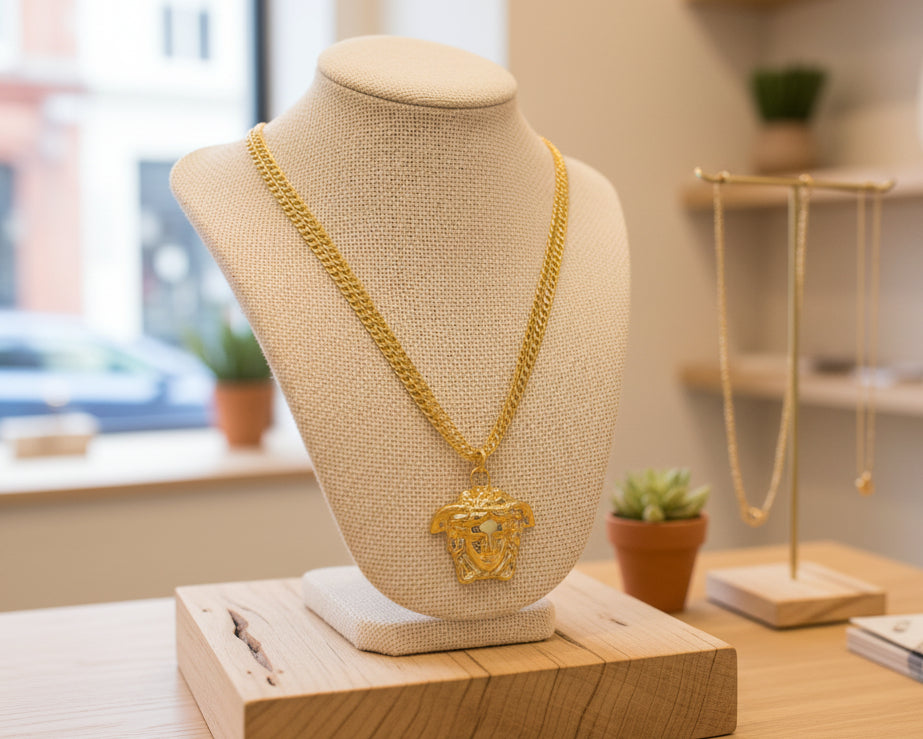 153- Upcycled Gold Medusa Pendant on a Gold Double Chain Necklace