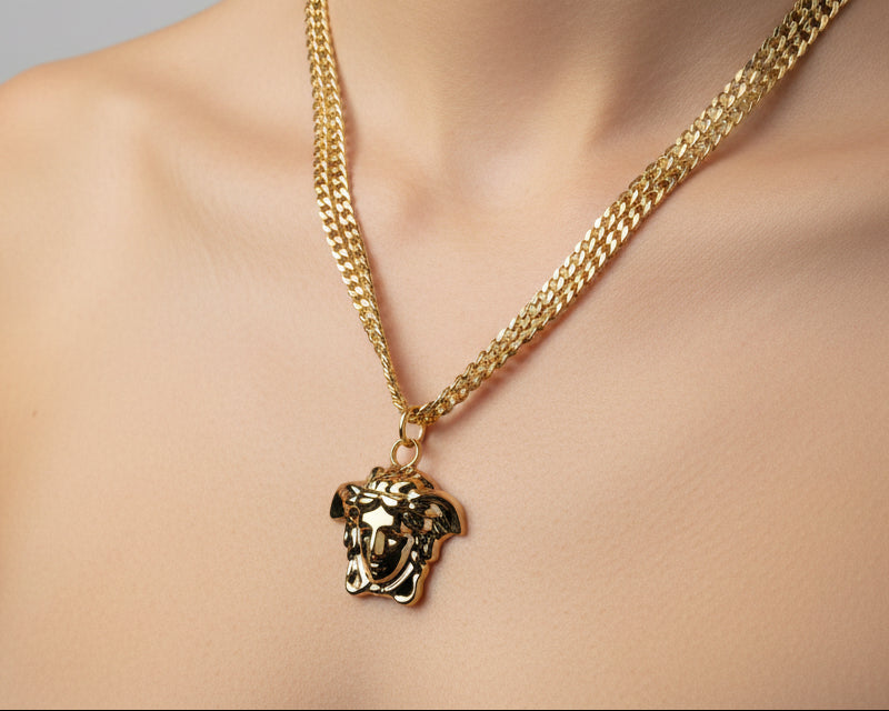 153- Upcycled Gold Medusa Pendant on a Gold Double Chain Necklace