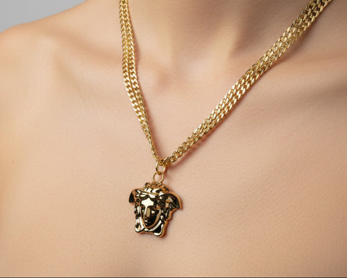 153- Upcycled Gold Medusa Pendant on a Gold Double Chain Necklace