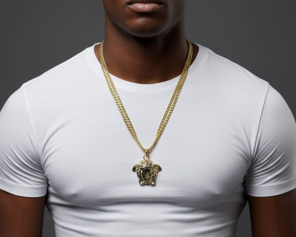 153- Upcycled Gold Medusa Pendant on a Gold Double Chain Necklace
