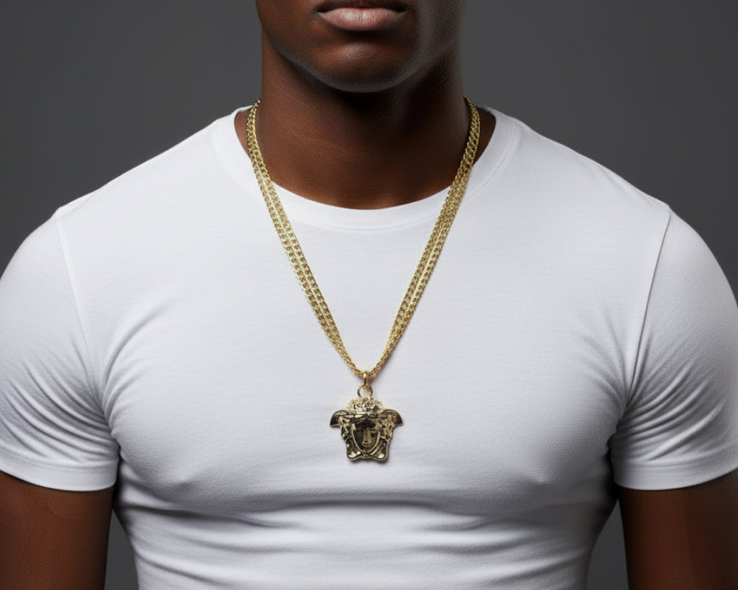 153- Upcycled Gold Medusa Pendant on a Gold Double Chain Necklace