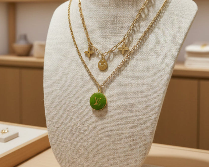 159- Upcycled Green Pendant On a Gold Double Chain Necklace