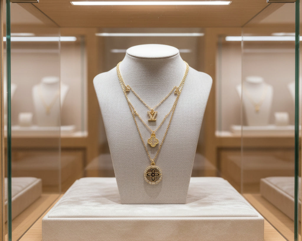 161- Charms on a Gold Triple Chain Necklace