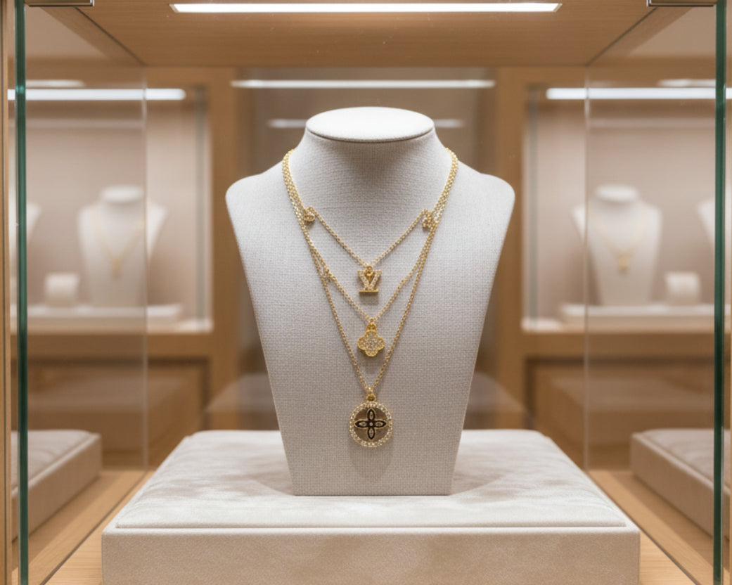 161- Charms on a Gold Triple Chain Necklace