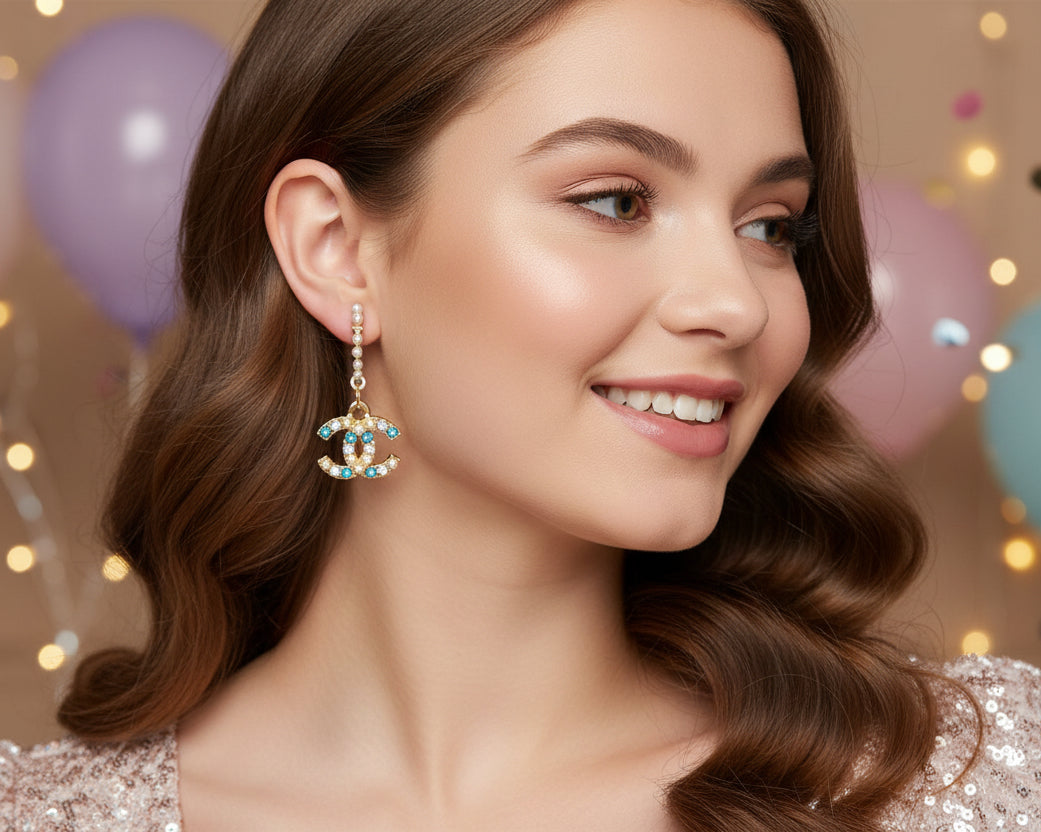 449 - Upcycled Gold Pendant Earrings with Blue Rhinestone and Pearl Accents