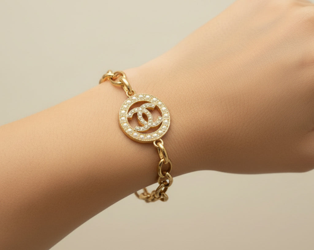 80 - Upcycled Gold Pendant Bracelet with Pearl Accents