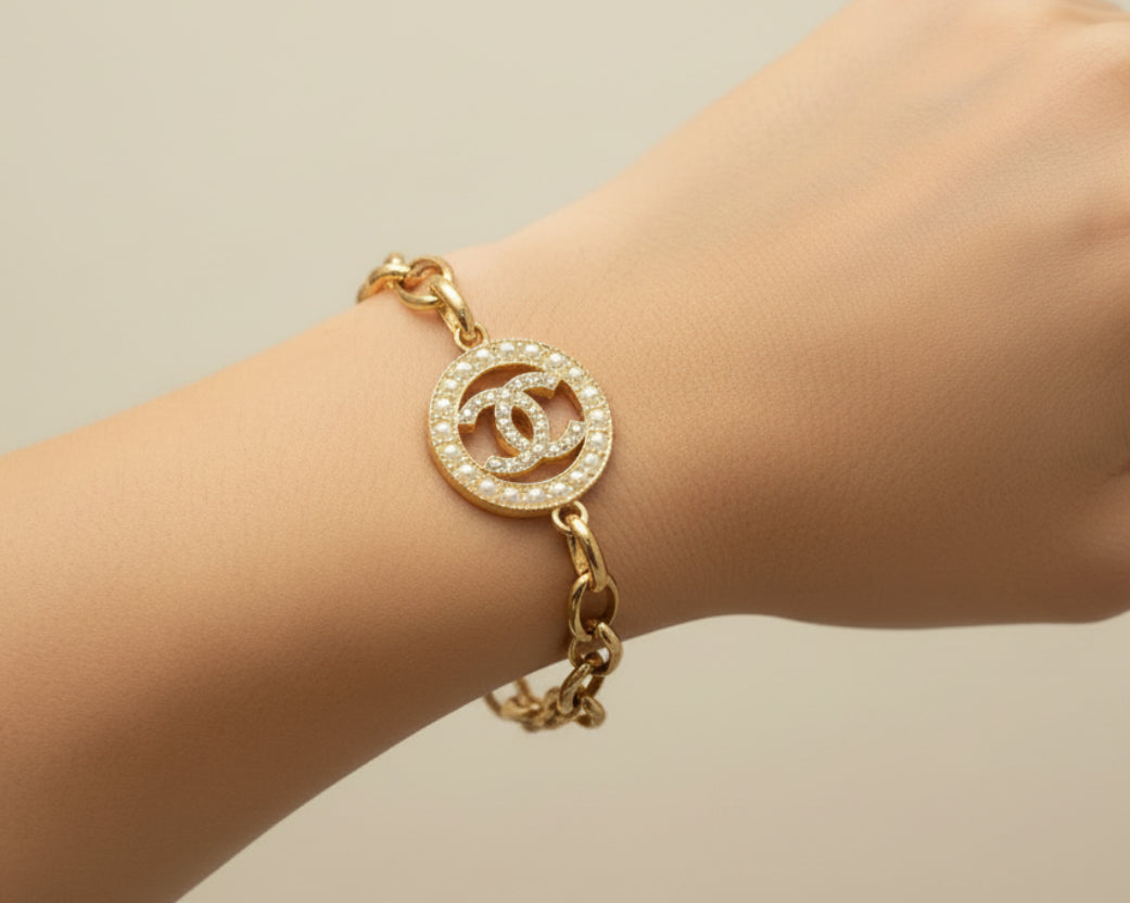 80 - Upcycled Gold Pendant Bracelet with Pearl Accents