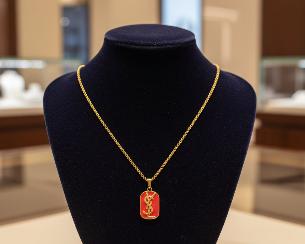 252- Red Pendant with Gold Letter on a Gold Necklace