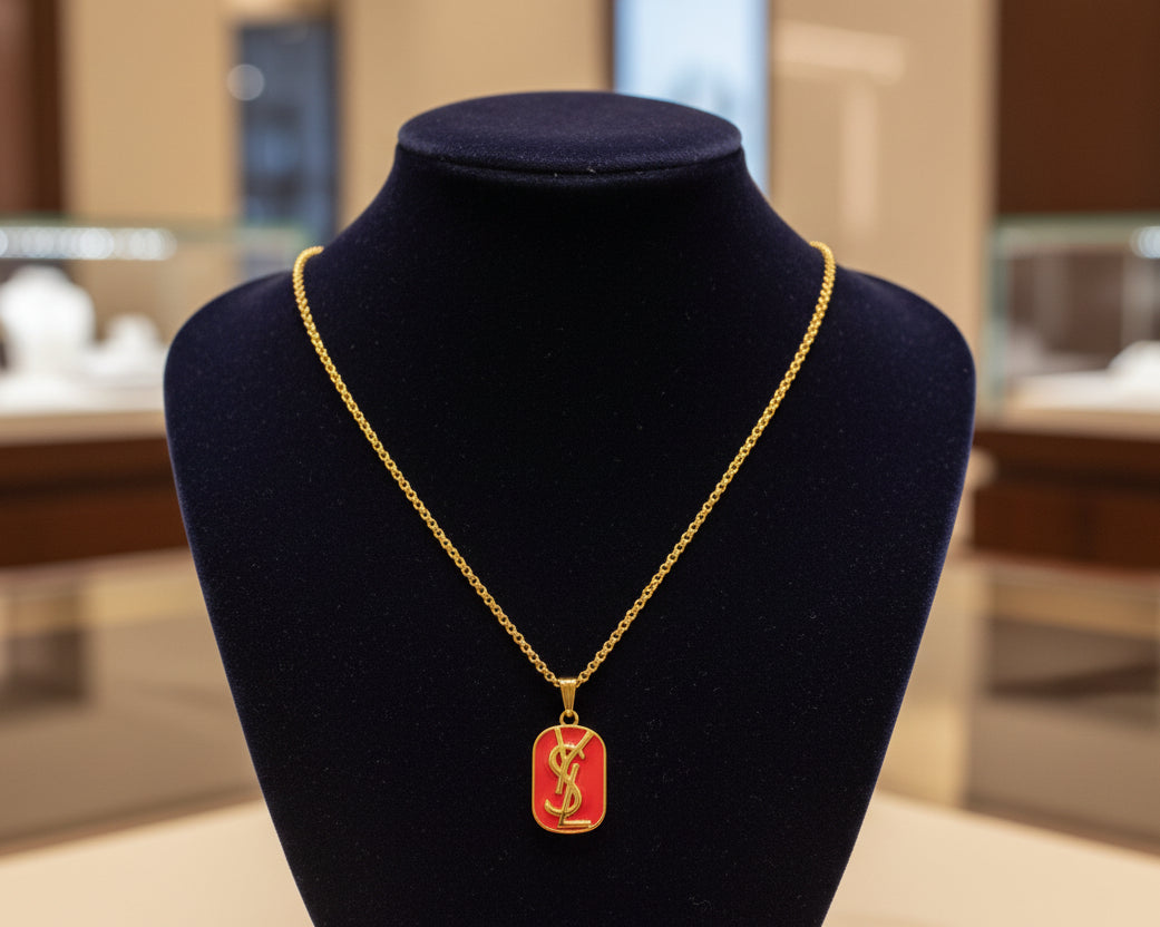 252- Red Pendant with Gold Letter on a Gold Necklace