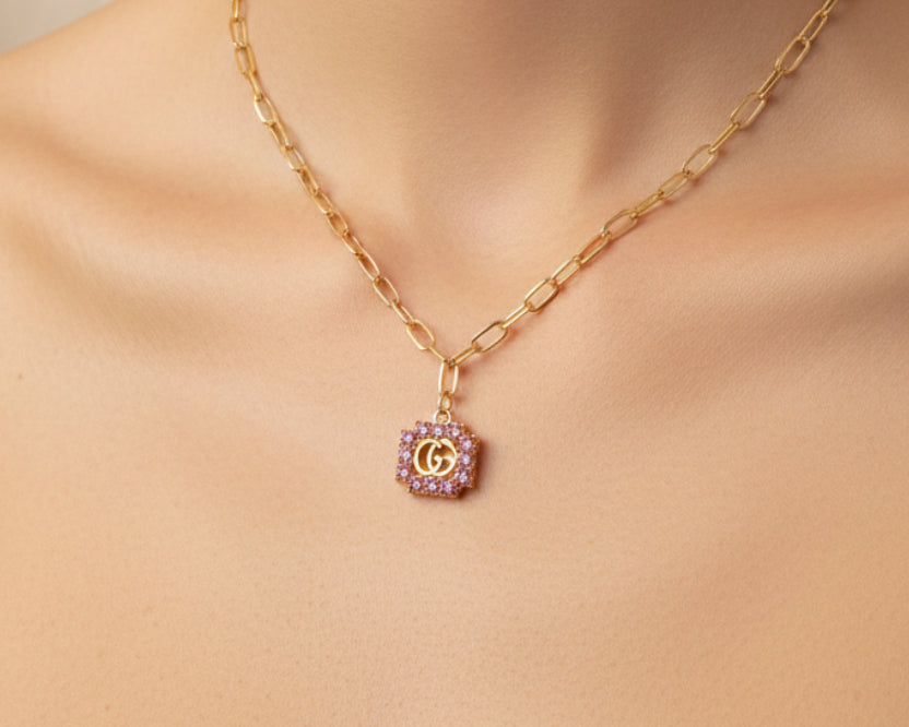182- Upcycled Pink Rhinestone Pendant Necklace