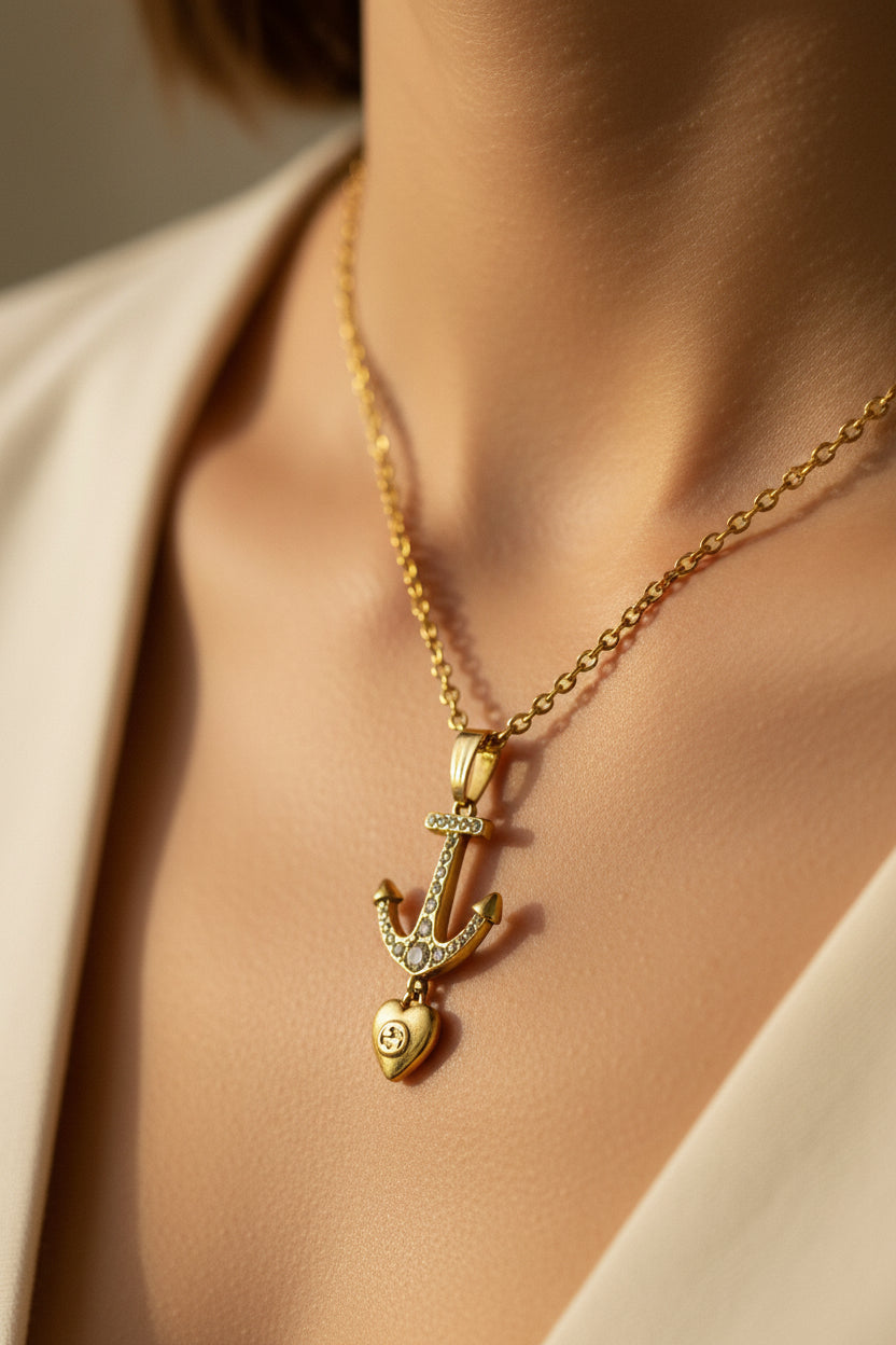 190- Upcycled Gold Anchor & Heart Pendant Necklace
