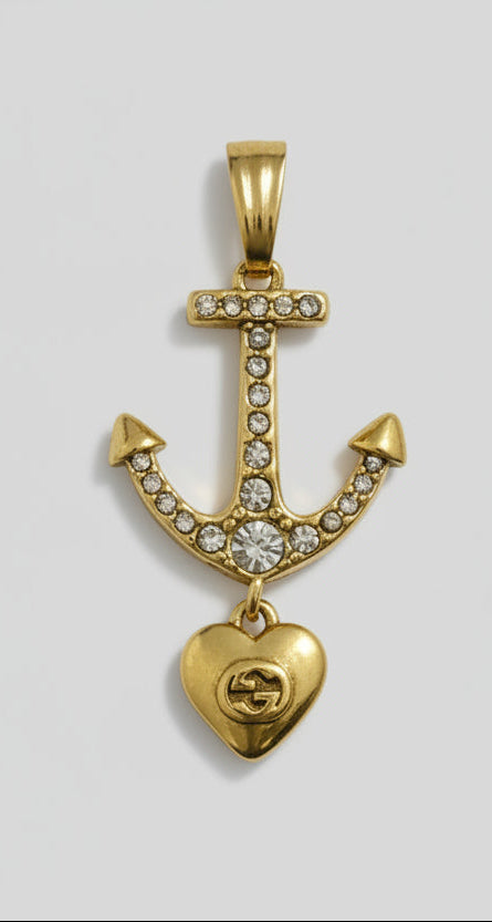 190- Upcycled Gold Anchor & Heart Pendant Necklace