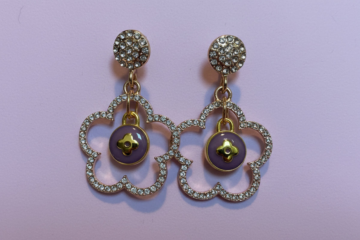 480 - Upcycled Gold Purple Flower Skittle Earrings with Clear Rhinestones