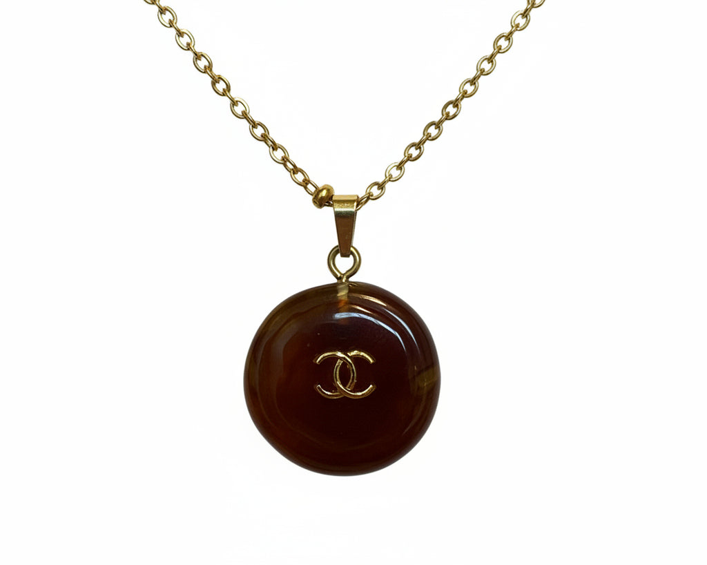 256 - Upcycled Gold Tortoise Brown Circle Pendant Double Chain Necklace