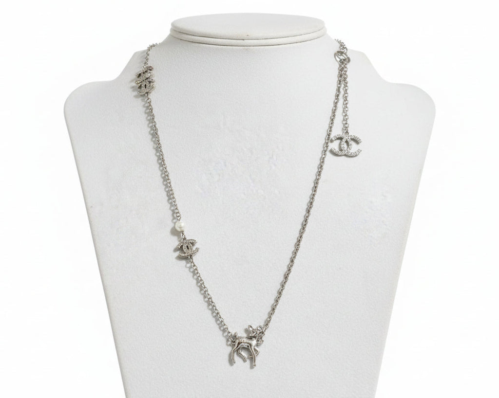 208- Upcycled Silver Deer Pendant with Charm Accents on Silver Necklace