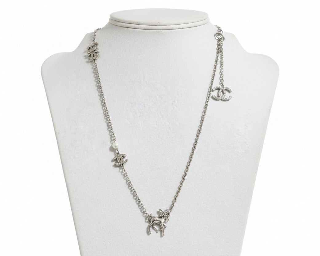 208- Upcycled Silver Deer Pendant with Charm Accents on Silver Necklace