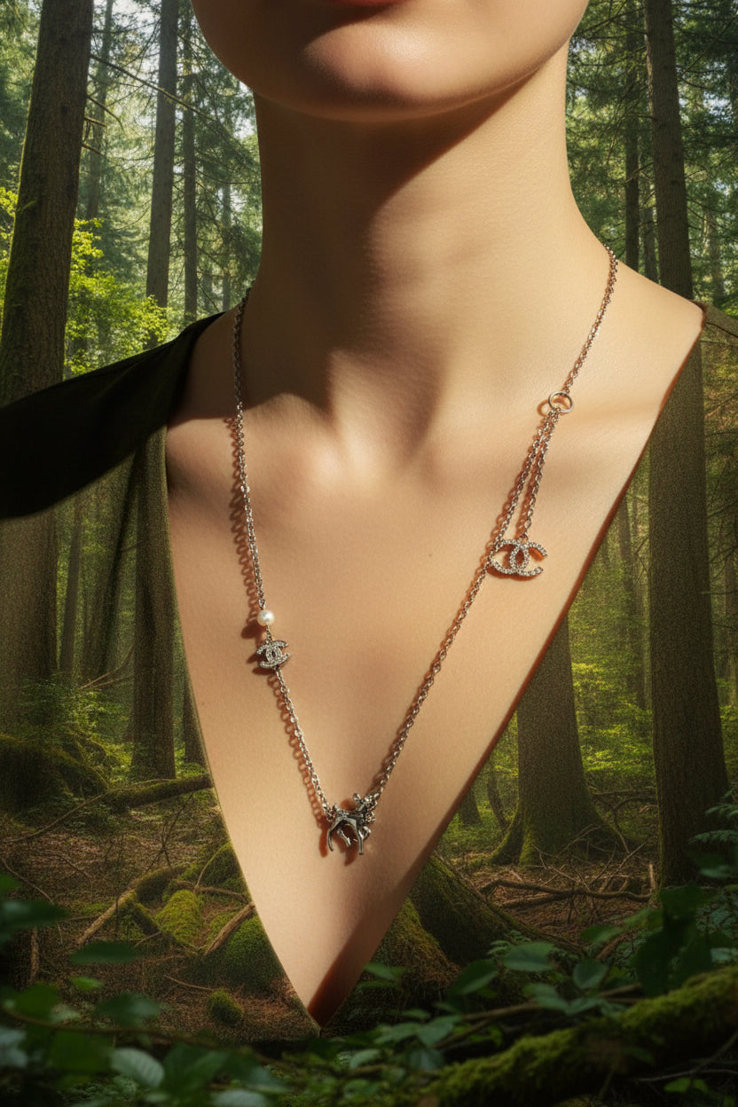 208- Upcycled Silver Deer Pendant with Charm Accents on Silver Necklace